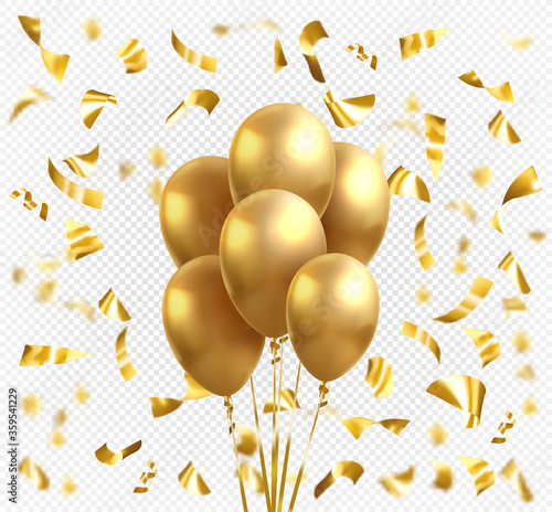 Yellow gold balloons and golden star confetti. Vector glossy realistic gold glossy baloon on transparent background for holiday celebration greeting card
