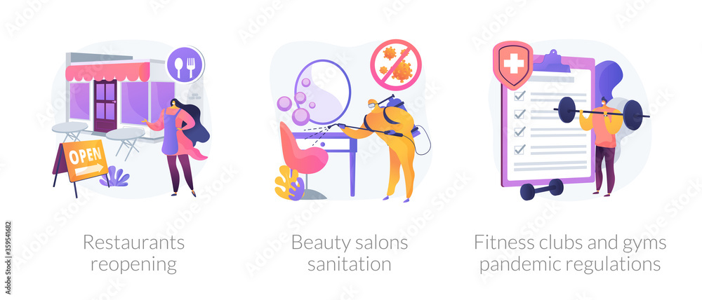 Pandemic business adaptation abstract concept vector illustration set. Restaurants reopening, beauty salons sanitation, fitness clubs and gyms pandemic regulations, distancing abstract metaphor.