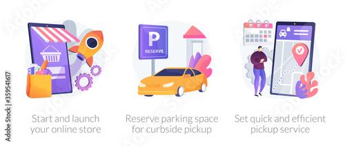 Online store pickup service abstract concept vector illustration set. Reserve parking space, curbside pickup, small business amid pandemic, grocery and essentials, employee safety abstract metaphor.