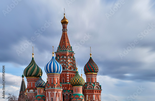 Russian orthodox St. Basil's Cathedral under dramatic sky in Moscow