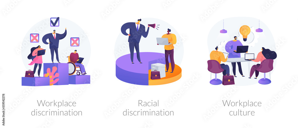 Workplace culture abstract concept vector illustration set. Workplace and racial discrimination, equal employment opportunity, shared values, sexual harassment, prejudice and bias abstract metaphor.