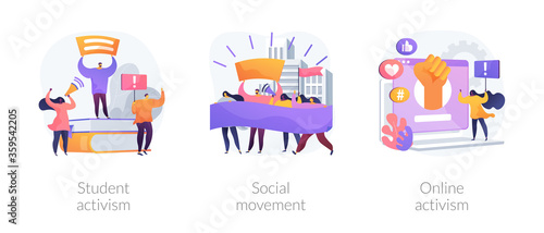 Political and social change abstract concept vector illustration set. Student and online activism, social movement, big crowd, mass protest, group action, digital communication abstract metaphor.
