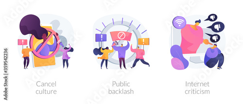 Social media behavior abstract concept vector illustration set. Cancel culture, public backlash, Internet criticism, group shaming, boycott, hate speech, bias and discrimination abstract metaphor.