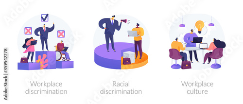 Workplace culture abstract concept vector illustration set. Workplace and racial discrimination, equal employment opportunity, shared values, sexual harassment, prejudice and bias abstract metaphor.