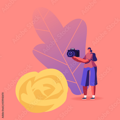 Carving Craft, Tiny Female Character Tourist Make Photo of Fruits and Vegetable Carved Huge Flower. Traditional Thailand Art, Creative Hobby, Creation Food Sculptures. Cartoon Vector Illustration