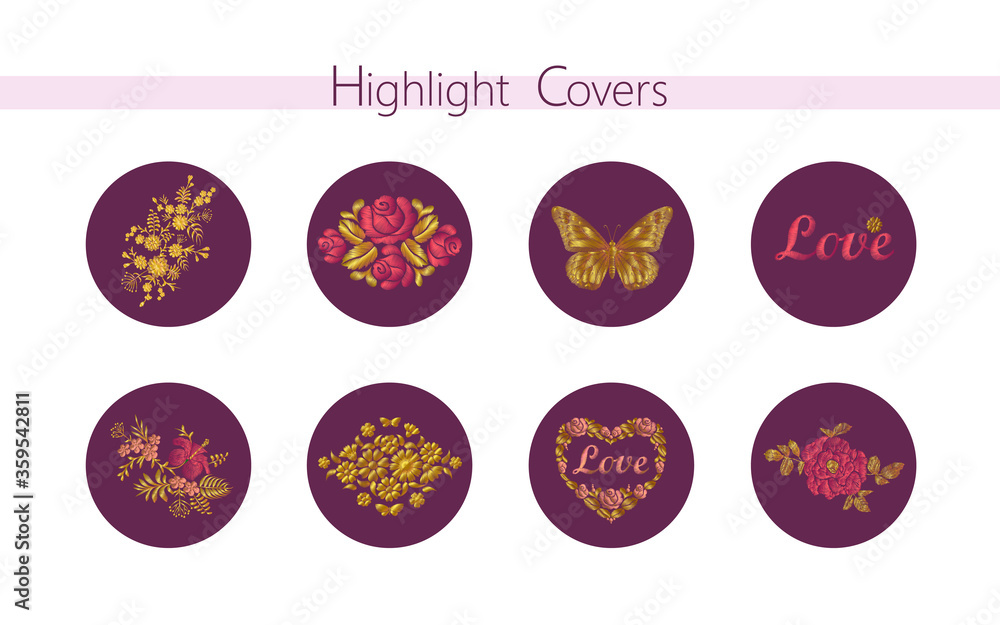 3D realistic embroidery texture social media cover. Highlights stories flower rose butterfly heart template. Summer fashion decoration theme concept vector illustration