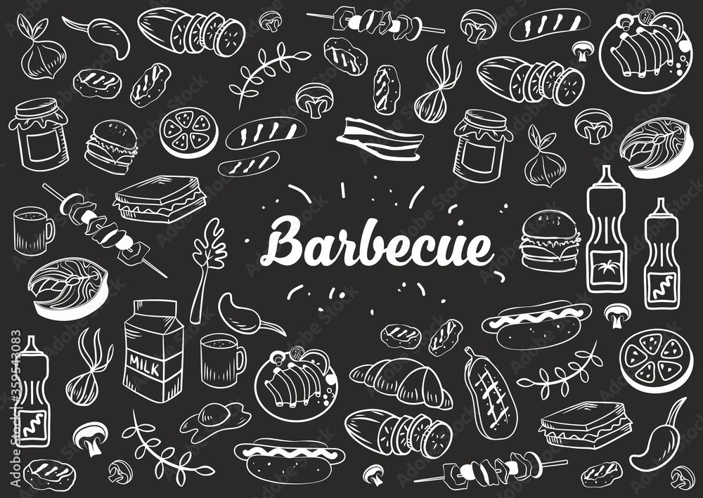 Collection of kitchen elements. Food. Barbecue and grill sketches on Board. Drawn barbecue elements around the text. Grill time. Roast meat grill chicken mushroom steaks burgers. Bbq vector