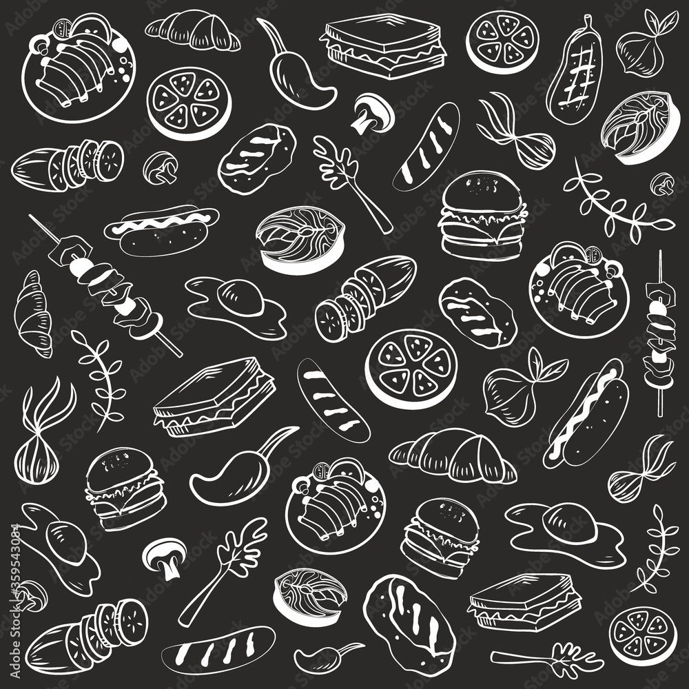 Collection of kitchen elements. Food. Barbecue and grill sketches on Board. Drawn barbecue elements around the text. Grill time. Roast meat grill chicken mushroom steaks burgers. Bbq vector