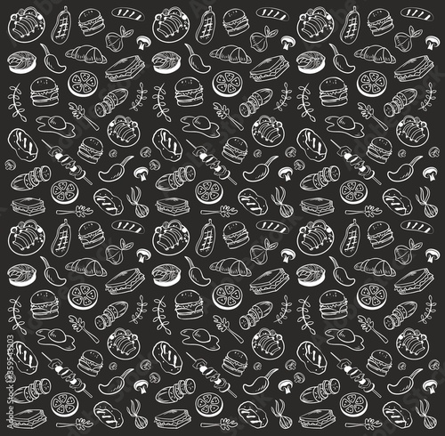 Collection of kitchen elements. Food. Barbecue and grill sketches on Board. Drawn barbecue elements around the text. Grill time. Roast meat grill chicken mushroom steaks burgers. Bbq vector