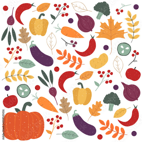 Hand drawn autumn leaves and berries background in doodle style and traditional colors