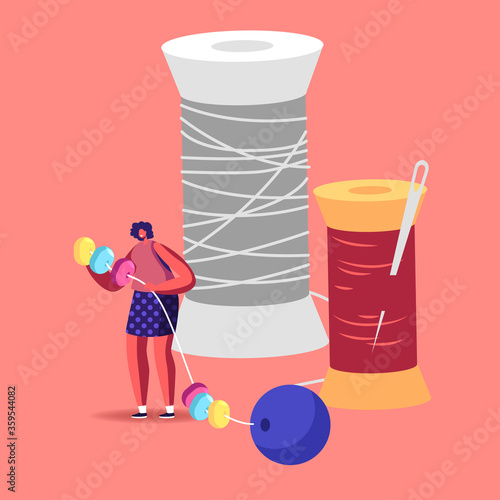 Tiny Female Character String Huge Colorful Beads on Thread Stand at Pools with Needle. Creative Craft, Handmade Hobby. Woman Making Bracelet or Necklace Bijouterie Concept. Cartoon Vector Illustration