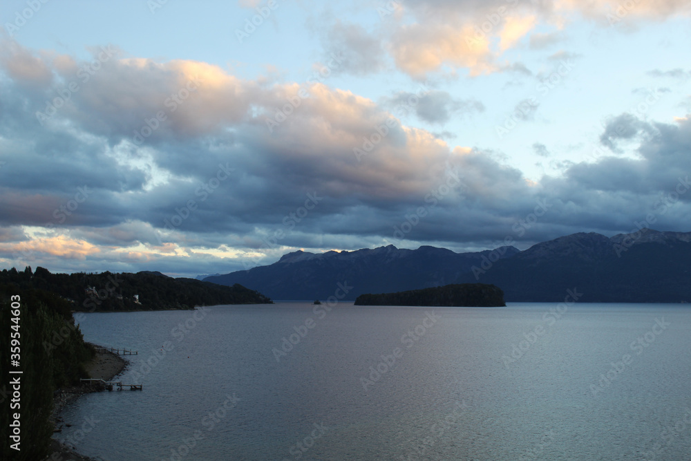 Cloudy views of lake and mountains in the afternoon in the south of Argentina, Patagonia region.