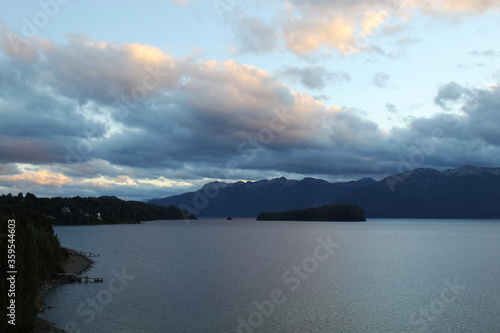 Cloudy views of lake and mountains in the afternoon in the south of Argentina, Patagonia region.