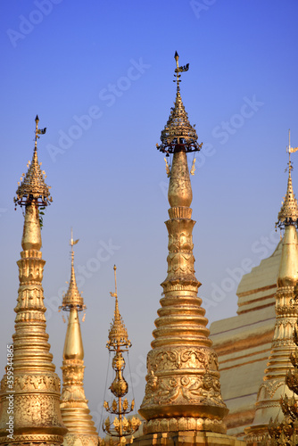 detail view to a group of golden stupas at the Shwedagon Pagoda in Yangoon  Myanmar  Burma 