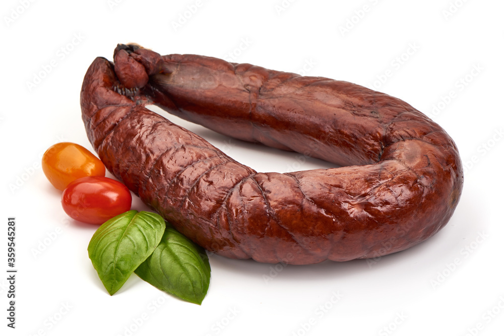 Smoked pork sausage, isolated on white background Smoked pork sausage, isolated on white background