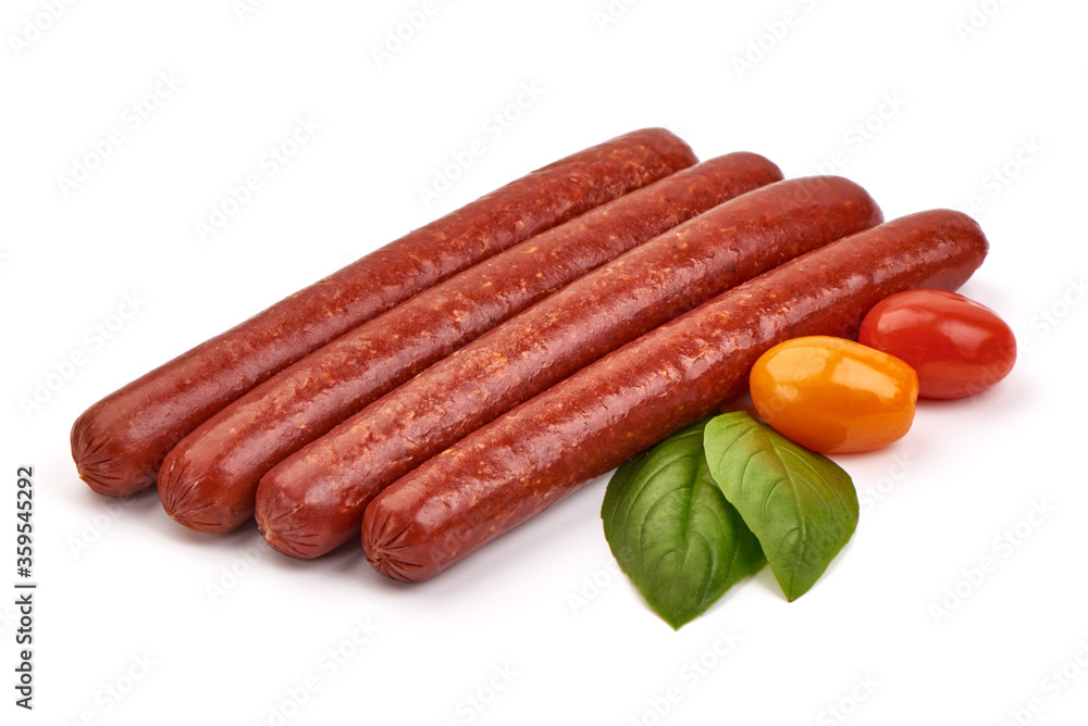 Smoked pork sausages, isolated on white background Smoked pork sausages, isolated on white background