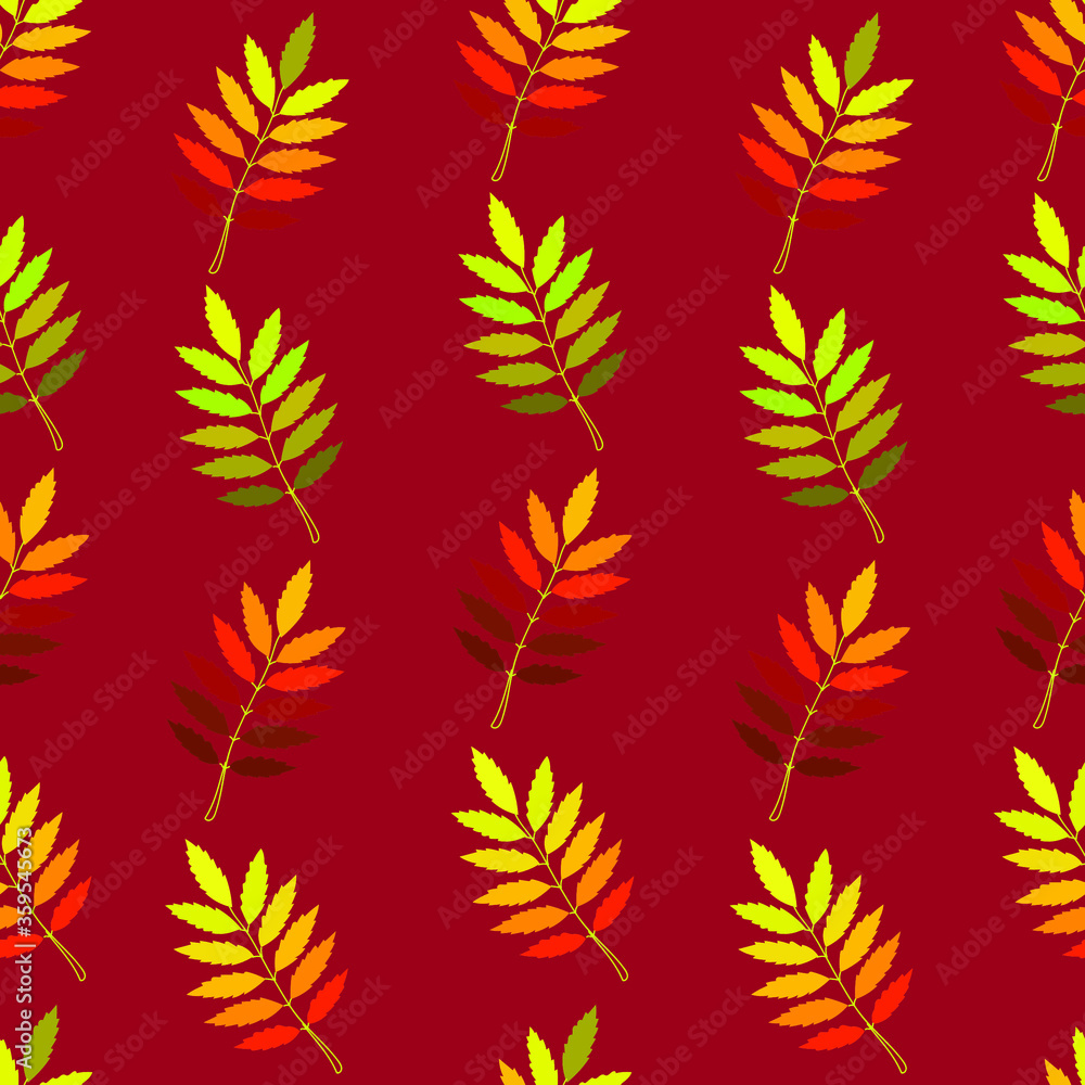 Seamless pattern of multicolored autumn leaves on a maroon background. Vector drawing.
