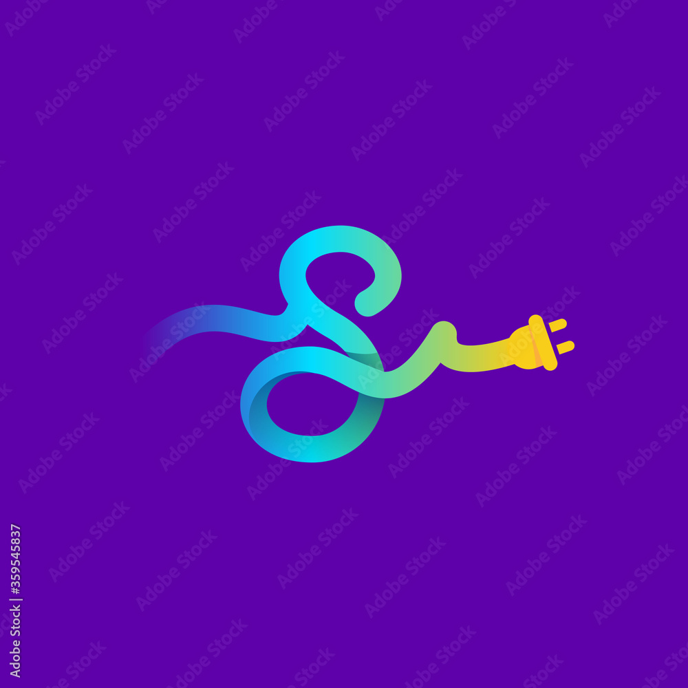 S letter logo with curl cable and plug adapter. S letter logo with curl cable and plug adapter.