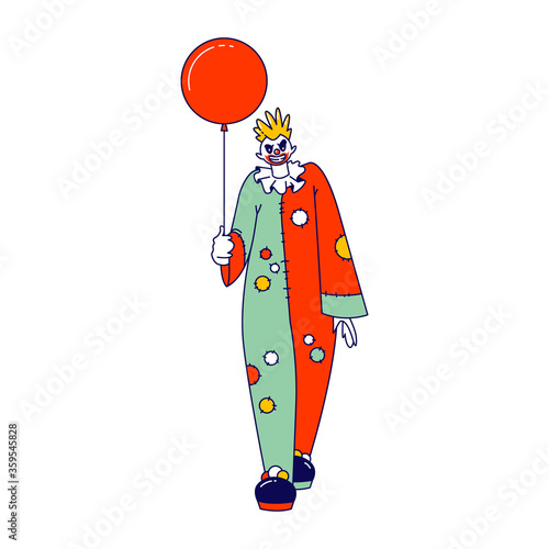 Scary Clown with Balloon. Male Animator Wearing Funster Costume in Patches, Wig, Red Nose and Creepy Face Isolated on White Background. Halloween Character, Freak, Horror. Linear Vector Illustration