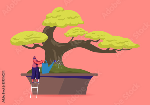 Japanese Culture, Horticulture, Olericulture Hobby Concept. Happy Girl Gardening at Home or Greenhouse Watering Bonsai Tree from Can. Woman Character Caring of Plant. Cartoon Vector Illustration