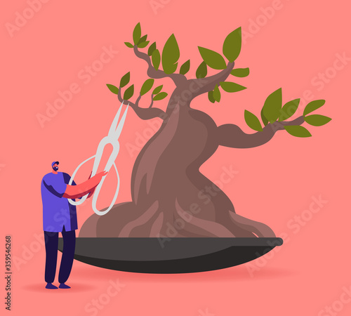 Tiny Male Character Trimming Bonsai Tree with Huge Scissors. Man Doing Gardener Works Prune and Cut Branches. Gardener Hobby, Professional Occupation, Japanese Culture. Cartoon Vector Illustration