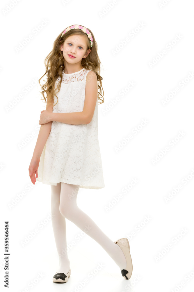 Naklejka premium Full Body Length Portrait of Beautiful Girl in White Lace Dress