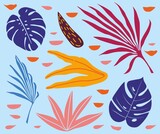 Tropical flowers, palm leaves, jungle leaves, hibiscus. Vector exotic floral illustration, Hawaiian bouquet for greeting card, wedding, Wallpaper. Set of abstract tropical leaves. Monstera