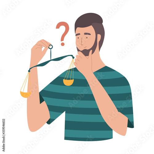 Man weights decisions vector concept. Male holding libra scales and trying to make a decision. Guy makes up his mind, difficult decision, dilemma concept, solution of choice.
