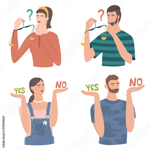 Men and woman weight decisions vector concept. People making decision between yes and no. Male / female make up their minds, difficult decision, dilemma concept, solution of choice.