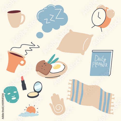 Set of Morning Routine Things Towel, Coffee Cup and Alarm Clock with Breakfast Meal, Make Up Cosmetics, Daily Planner and Human Palm with Spiral, Sun and Cloud with Pillow. Linear Vector Illustration