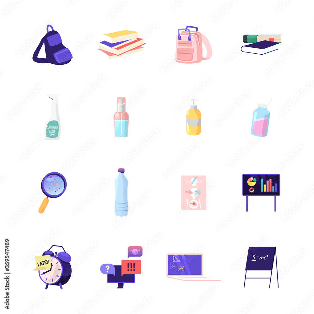 Set of Icons Student Rucksack, Books and School Textbooks, Sanitizer Bottles, Plastic Pollution, Statistics Charts with Alarm Clock, Blackboard with Formulas and Magnifier. Cartoon Vector Illustration