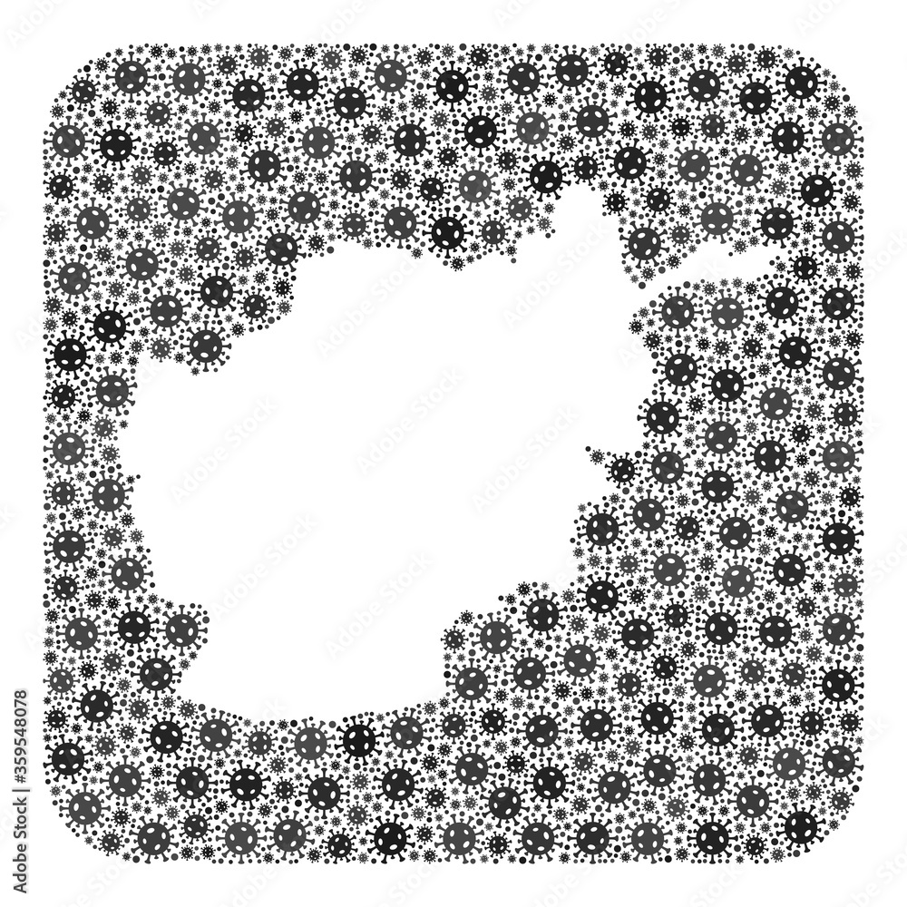 Covid-2019 virus map of Afghanistan collage designed with rounded square and stencil. Vector map of Afghanistan composition of pandemic virus parts in different sizes and grey color hues. Covid-2019 virus map of Afghanistan collage designed with rounded square and stencil. Vector map of Afghanistan composition of pandemic virus parts in different sizes and grey color hues.