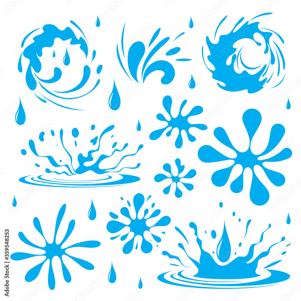 Water. Splash and spray. Set. Vector image.