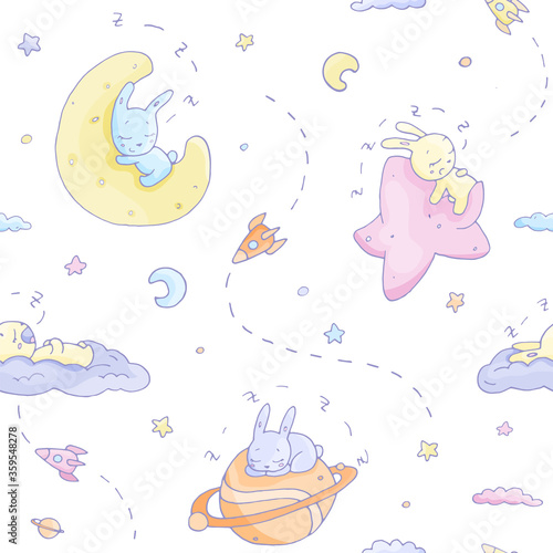 seamless baby pattern adorable sleeping rabbits on the moon