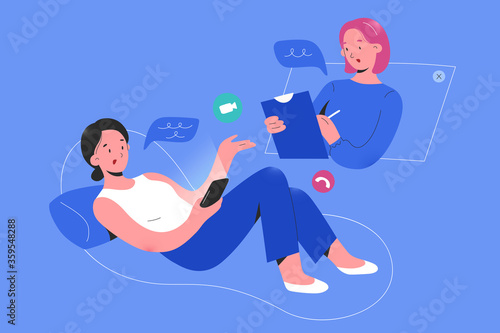 Online psychologist consulting a woman patient via smartphone app video call, psychotheraphy service, online psychological help service, therapy session, flat vector cartoon illustration