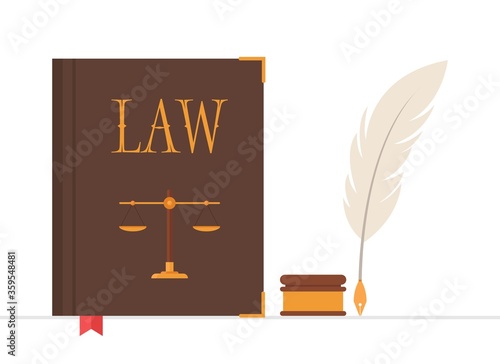 Law book with quill pen and inkwell vector illustration