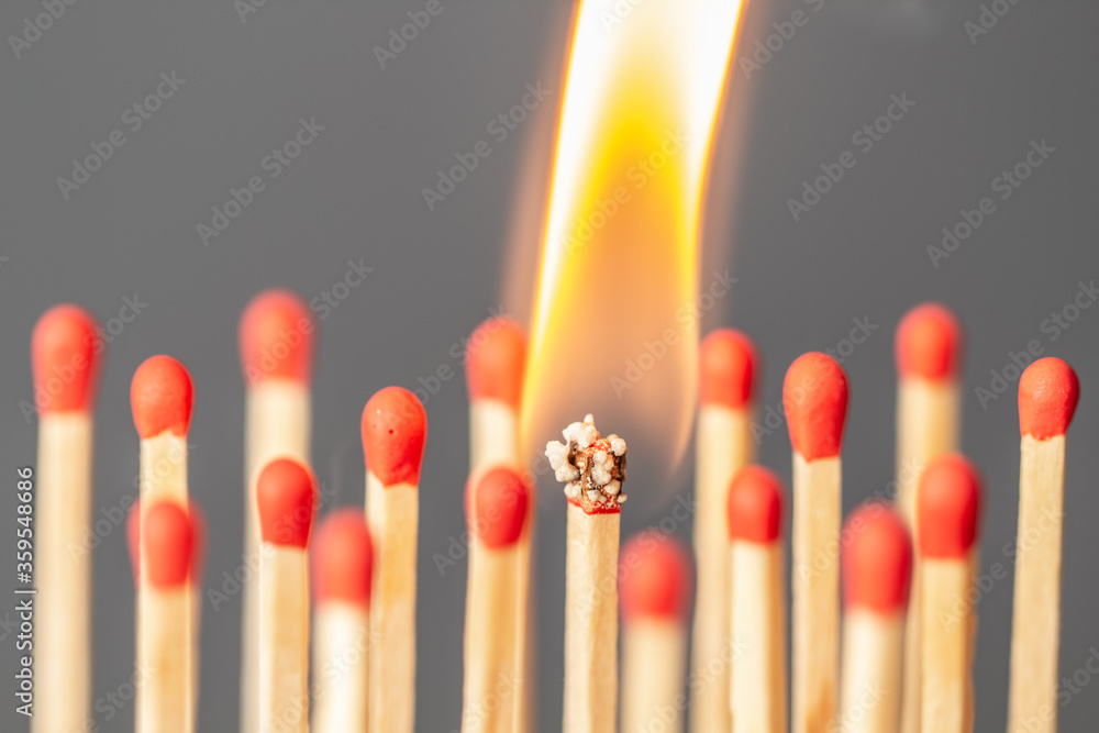 Burning match among many matches as symbol of infected person Burning match among many matches as symbol of infected person