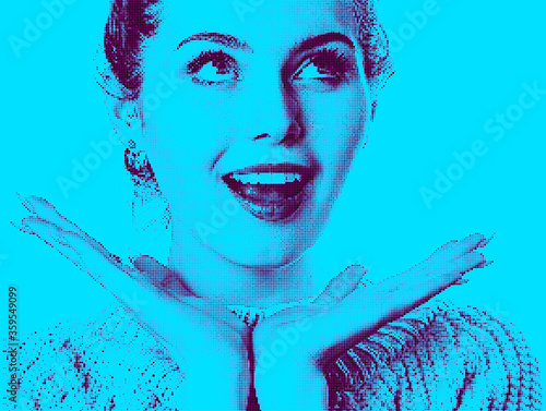 Suprised smiling girl on the urban night background.	
Halftone vector image