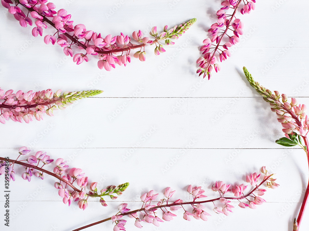 Top view of Floral frame on wooden horizontal boards. Painted white planks and the pastel pink lupins flowers. Empty space for your text, beauty product, mock-up magazine. Flat lay, lifestyle. Top view of Floral frame on wooden horizontal boards. Painted white planks and the pastel pink lupins flowers. Empty space for your text, beauty product, mock-up magazine. Flat lay, lifestyle.