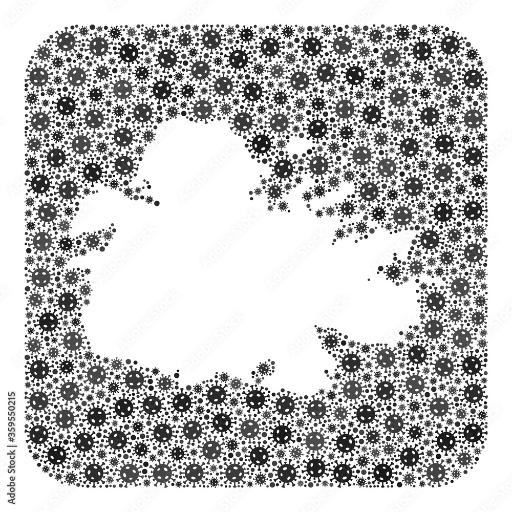 Pandemic virus map of Antigua Island collage designed with rounded square and subtracted shape. Vector map of Antigua Island mosaic of pandemic virus ojects in various sizes and gray color tones. Pandemic virus map of Antigua Island collage designed with rounded square and subtracted shape. Vector map of Antigua Island mosaic of pandemic virus ojects in various sizes and gray color tones.