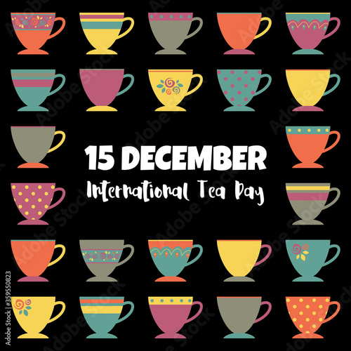 International Tea Day banner, tea cups vectors