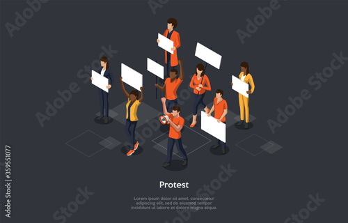 Mass Protest Action Concept. Dissatisfied Multiethnical Agressive People With Protest Banners Complain, Take Part In Strike, Defend Their Rights And Freedom. Isometric 3D Cartoon Vector Illustration