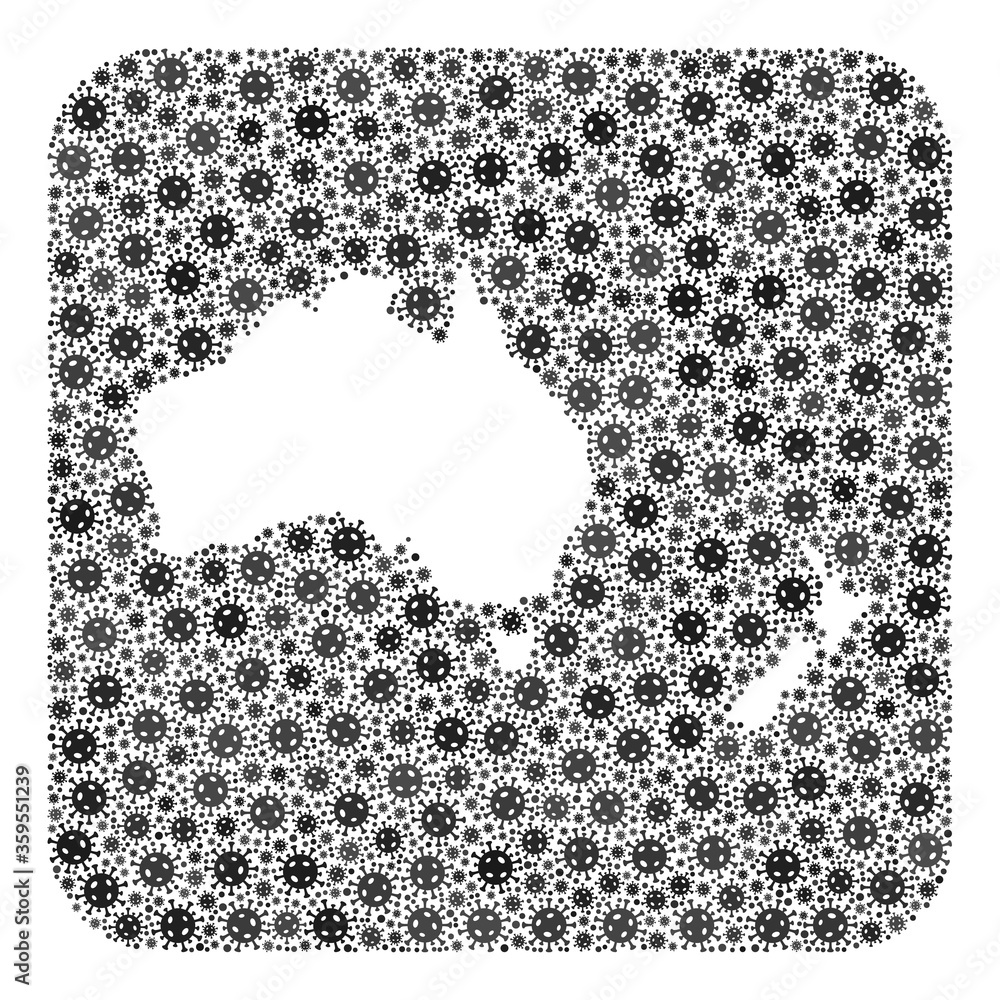 Pandemic virus map of Australia and New Zealand mosaic created with rounded square and stencil. Pandemic virus map of Australia and New Zealand mosaic created with rounded square and stencil.