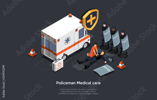 Emergency Medical Technician Rescue Policeman Life During Mass Protest Actions. Counter-Terrorist Police Squad Special Forces With Shields Near Ambulance. Cartoon Isometric 3D Vector Illustration