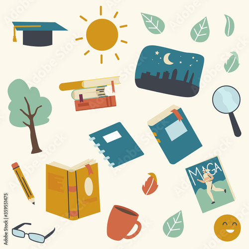 Outdoor Reading Set, Book, Notebook and textbook with Pencil and Magnifying Glass, Magazine, Coffee Cup and Green Leaves with Shining Sun, Glasses, Tree and Academic Cap. Linear Vector Illustration