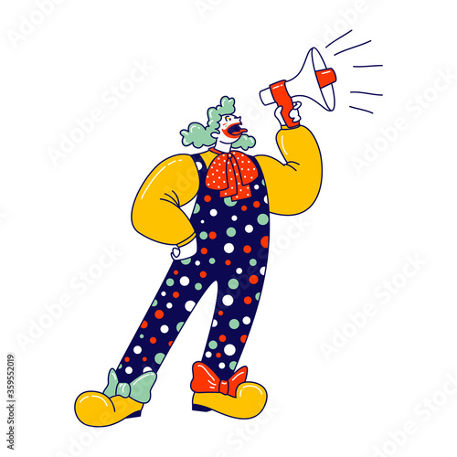 Animator Character in Funny Clown Suit, Huge Boots, Curly Green Wig and Red Neck Tie Yelling in Loudspeaker Isolated on White Background. Big Top Tent Artist Announcement. Linear Vector Illustration