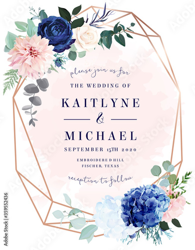 Royal blue rose, white hydrangea, dahlia, eucalyptus, juniper vector design frame
