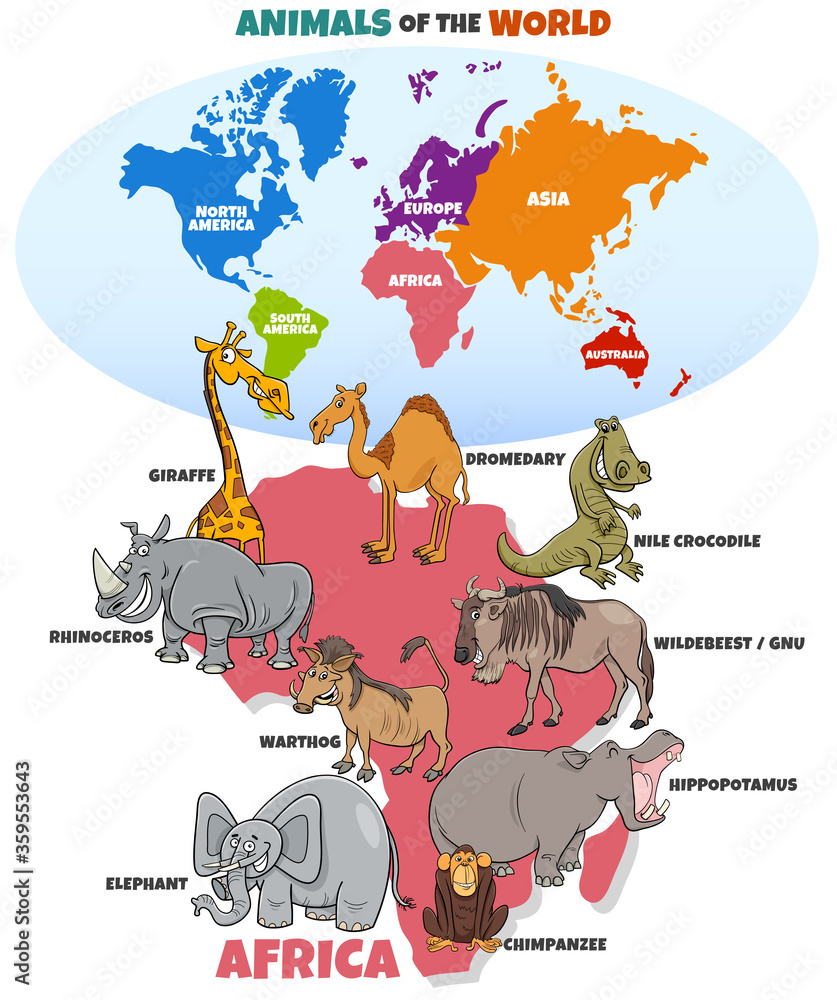Naklejka premium educational illustration with African animals and continents