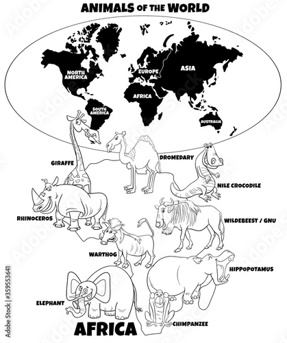 educational illustration of African animals color book