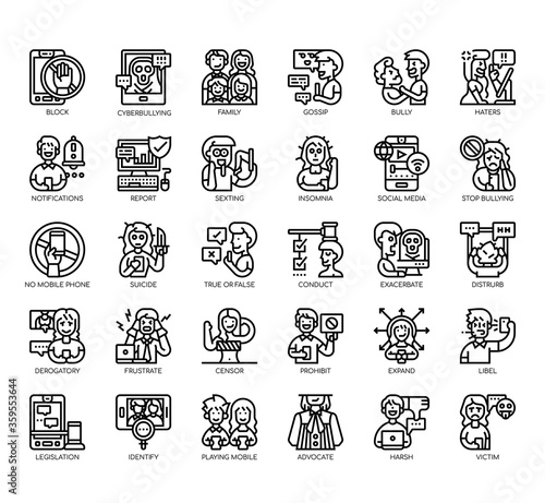 Set of cyberbulling thin line and pixel perfect icons for any web and app project.